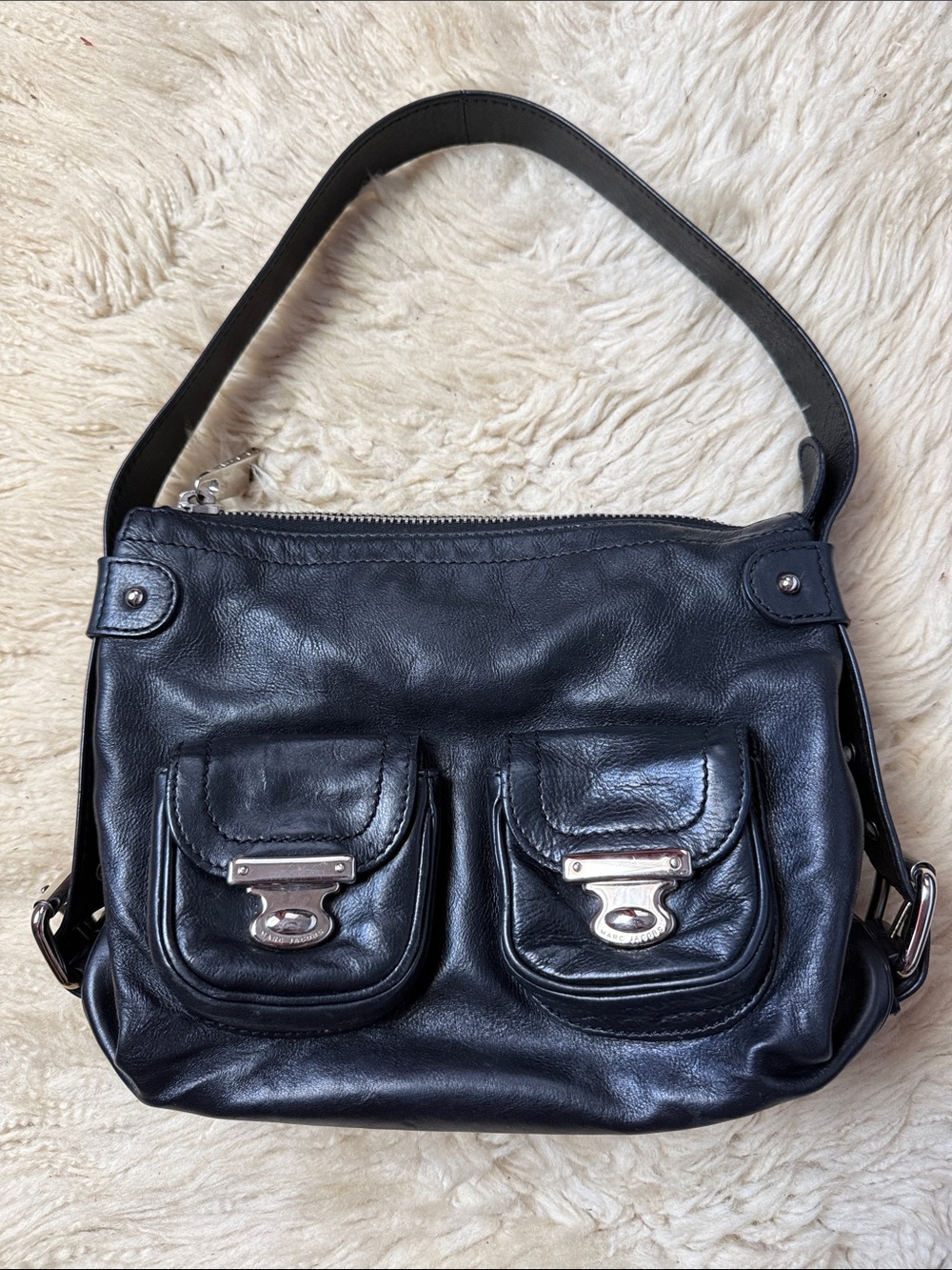 Marc Jacobs Black Leather Shoulder Bag with Dual Front Pockets
